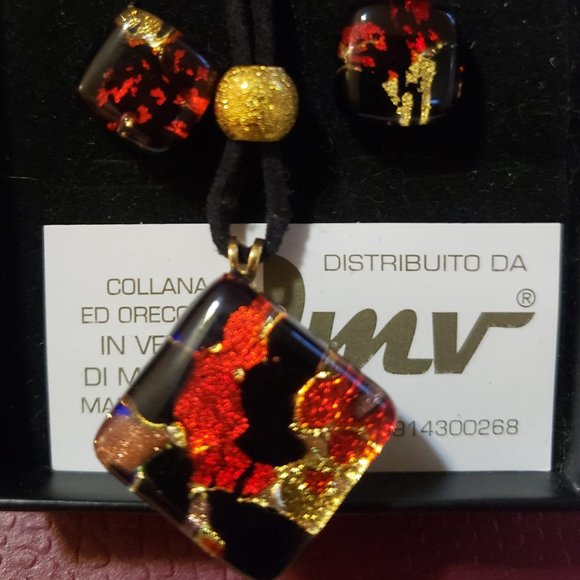Murano Glass Necklace and Earring Set, Black, Red and Gold - Picture 1 of 11